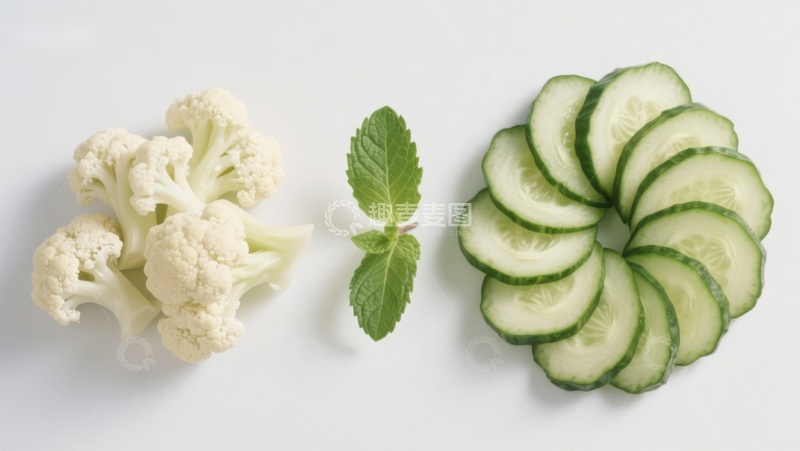 高清大图下载【趣麦麦图】花椰菜、薄荷与黄瓜片摆盘