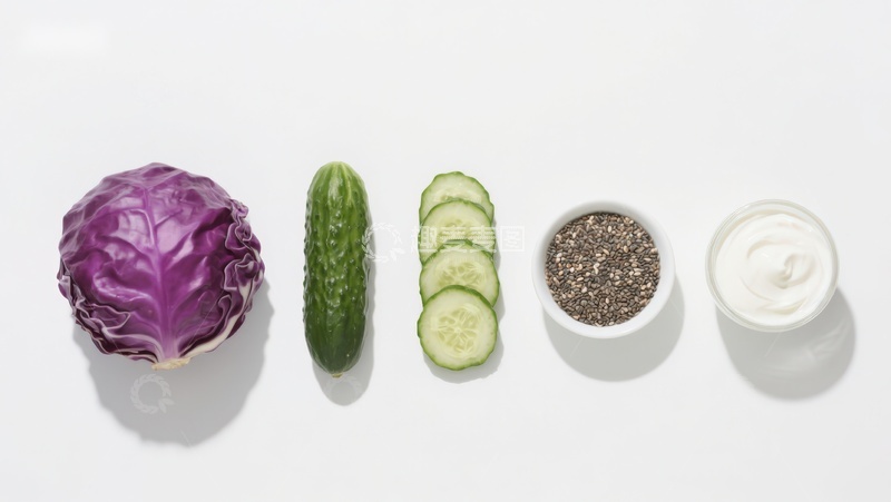 高清大图下载【趣麦麦图】紫甘蓝黄瓜奇亚籽酸奶食材排列