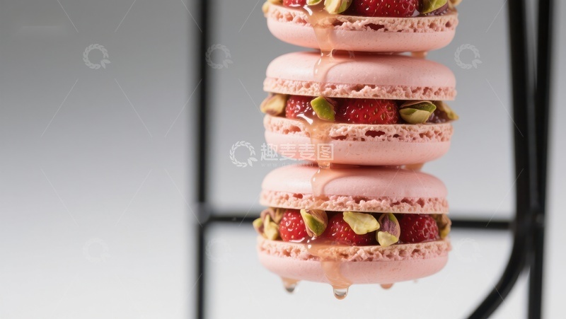 高清大图下载【趣麦麦图】草莓夹心马卡龙叠放特写