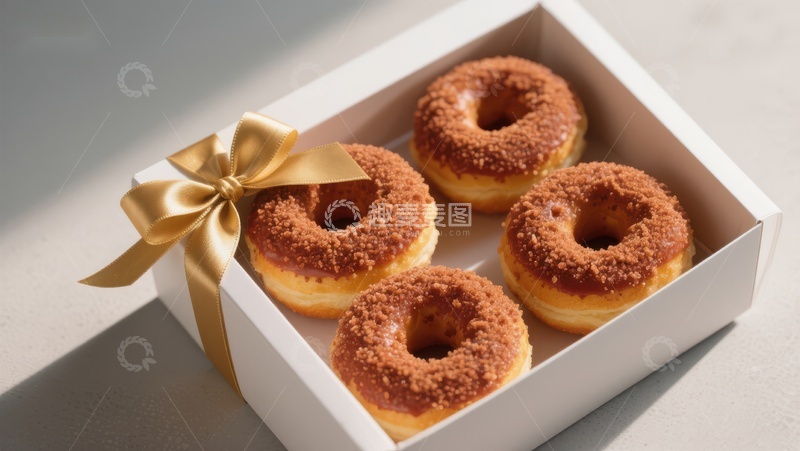 高清大图下载【趣麦麦图】盒装甜甜圈，金色丝带装饰