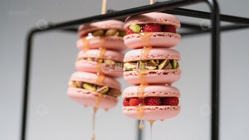高清大图下载【趣麦麦图】粉色马卡龙串，点缀坚果与草莓