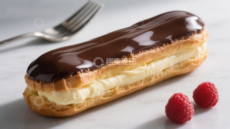 高清大图下载【趣麦麦图】巧克力淋面奶油泡芙配覆盆子