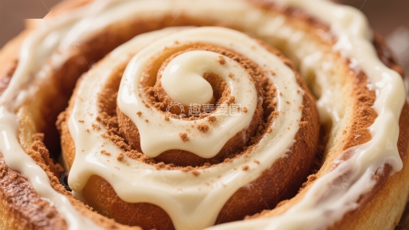 高清大图下载【趣麦麦图】奶油糖霜覆盖的肉桂卷特写