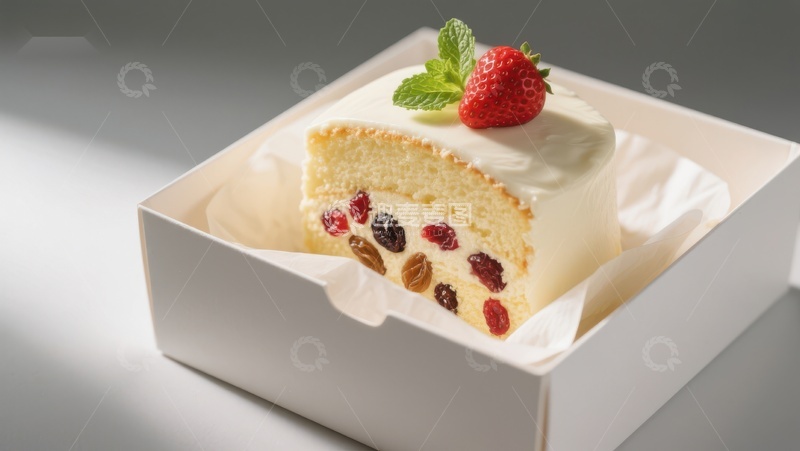 高清大图下载【趣麦麦图】奶油蛋糕切片，点缀草莓与薄荷