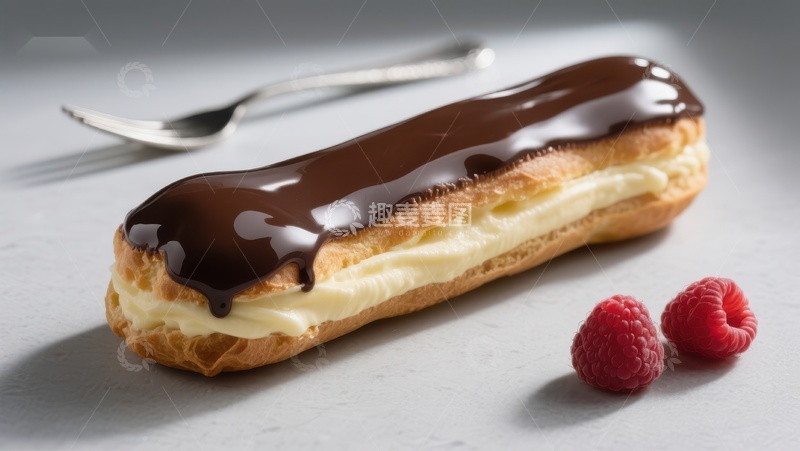 高清大图下载【趣麦麦图】巧克力淋面奶油泡芙配覆盆子