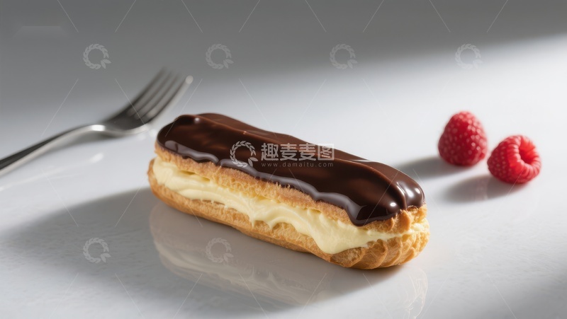 高清大图下载【趣麦麦图】巧克力淋面奶油泡芙配覆盆子