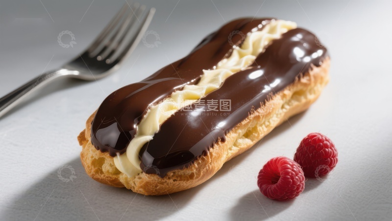 高清大图下载【趣麦麦图】巧克力淋面奶油泡芙配覆盆子