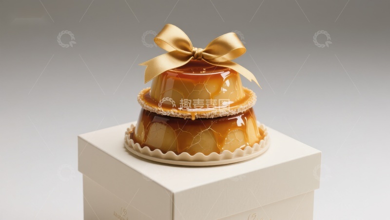 高清大图下载【趣麦麦图】双层焦糖布丁配金色蝴蝶结