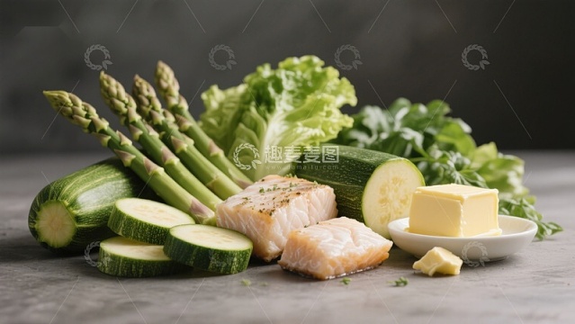 新鲜蔬菜与鱼肉食材组合