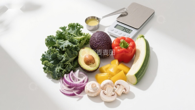 高清大图下载【趣麦麦图】新鲜蔬菜与厨房秤摆拍