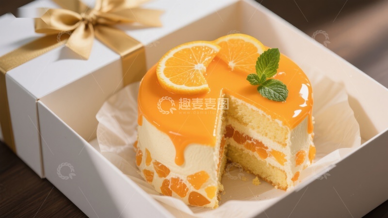 高清大图下载【趣麦麦图】橙色果冻蛋糕，切片展示