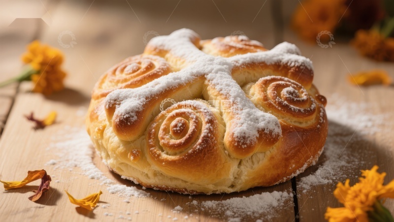 高清大图下载【趣麦麦图】撒粉面包卷，木桌上的美食