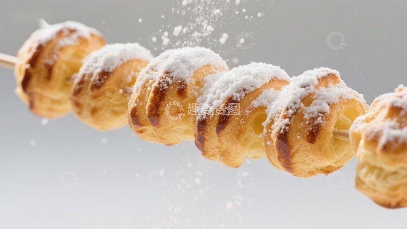 高清大图下载【趣麦麦图】糖粉撒在串上的奶油泡芙