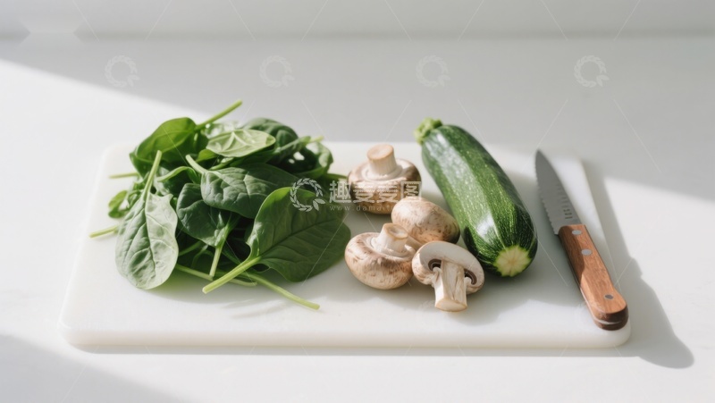 高清大图下载【趣麦麦图】-切菜板上的新鲜蔬菜与刀具