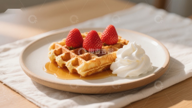 高清大图下载【趣麦麦图】草莓华夫饼配奶油和蜂蜜