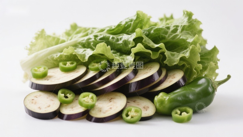 高清大图下载【趣麦麦图】切片茄子与青椒生菜组合