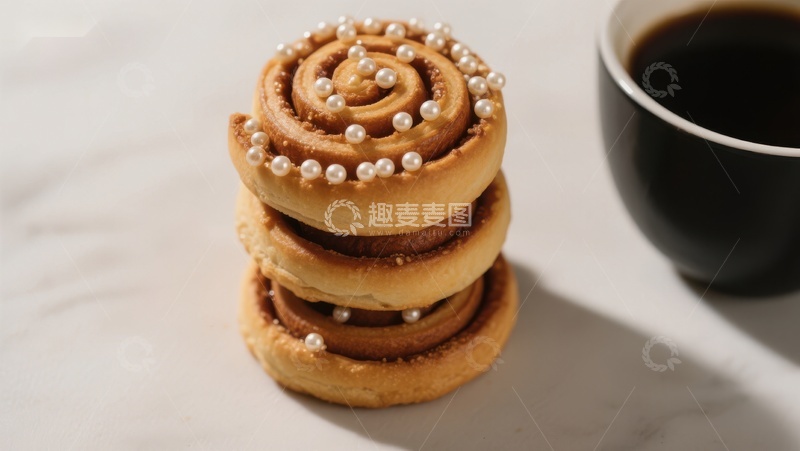 高清大图下载【趣麦麦图】珍珠点缀的螺旋饼干与咖啡