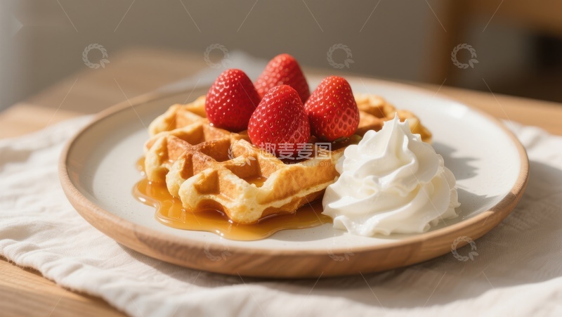 高清大图下载【趣麦麦图】草莓奶油华夫饼配糖浆