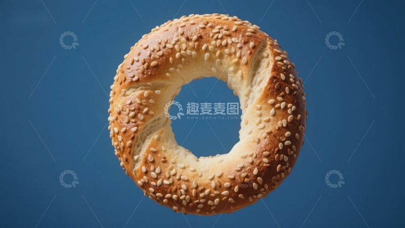 高清大图下载【趣麦麦图】芝麻面包圈悬浮于蓝色背景