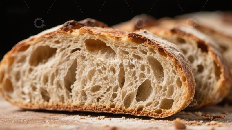 高清大图下载【趣麦麦图】新鲜切片的面包，展示其松软多孔的内部结构