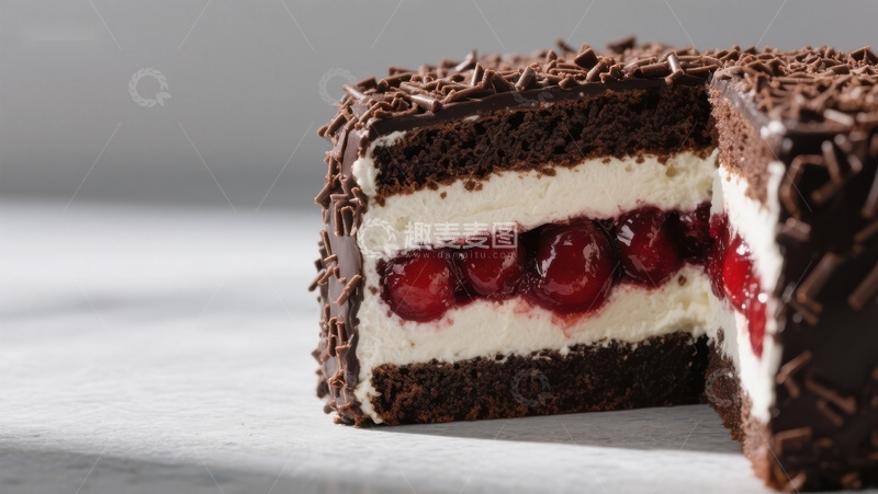 高清大图下载【趣麦麦图】巧克力樱桃夹心蛋糕切片