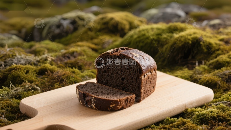 高清大图下载【趣麦麦图】切片黑面包置于木板上，背景为苔藓覆盖的岩石