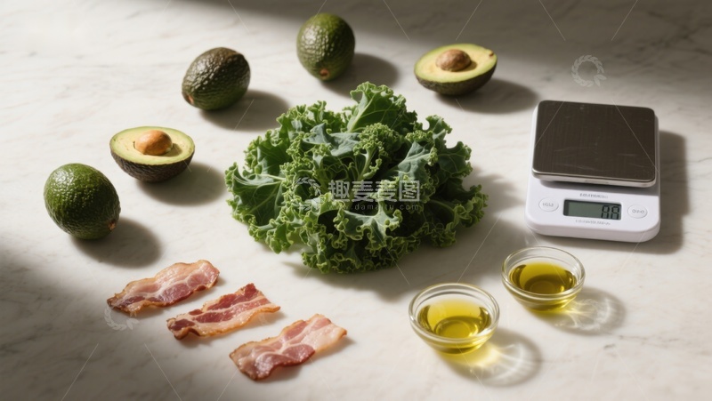 高清大图下载【趣麦麦图】-食材摆拍：牛油果、羽衣甘蓝与培根