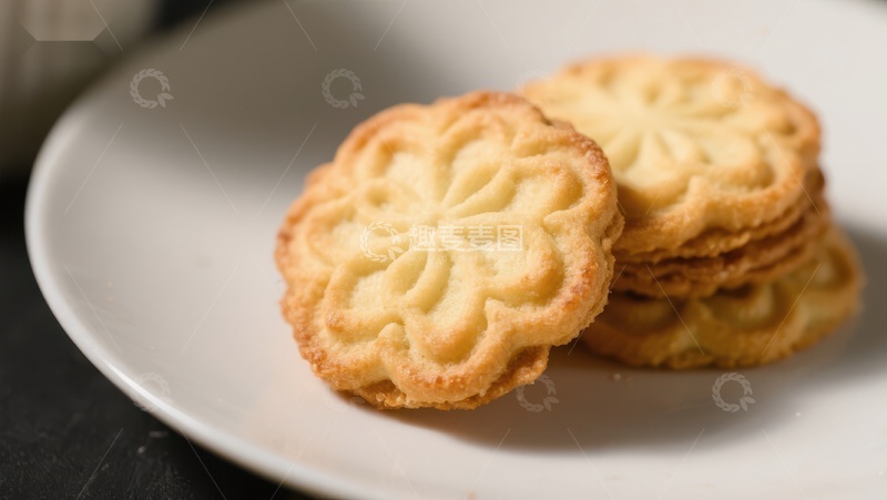 高清大图下载【趣麦麦图】酥脆花纹饼干叠放于白盘