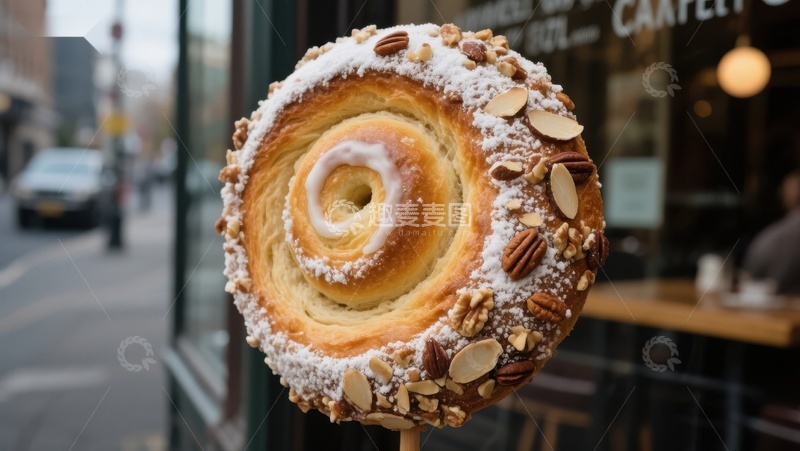 高清大图下载【趣麦麦图】街头橱窗展示的坚果旋涡面包