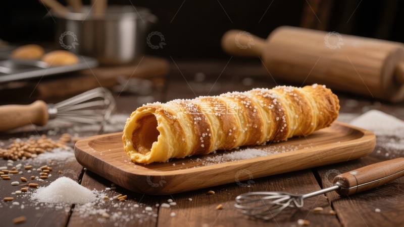 高清大图下载【趣麦麦图】酥皮卷饼配芝麻，厨房背景