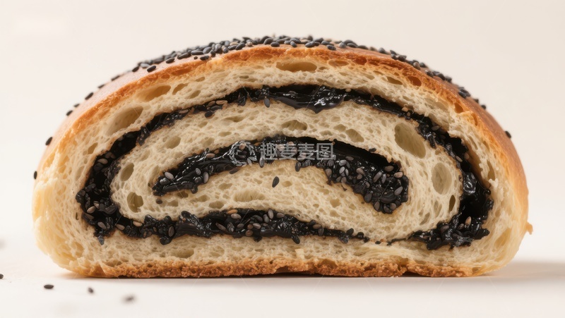 高清大图下载【趣麦麦图】黑芝麻馅面包卷特写