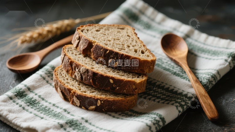 高清大图下载【趣麦麦图】新鲜切片黑面包与木质餐具