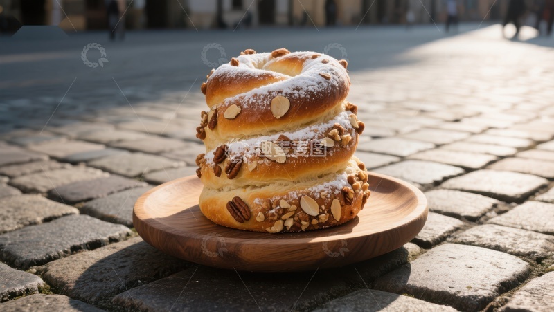 高清大图下载【趣麦麦图】三块坚果面包叠放于木盘