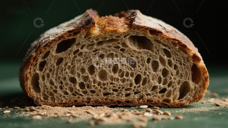 高清大图下载【趣麦麦图】新鲜切开的面包，展示其多孔内部结构