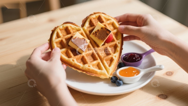 高清大图下载【趣麦麦图】心形华夫饼配果酱与奶油