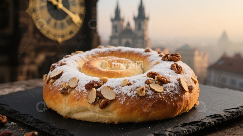 高清大图下载【趣麦麦图】撒满坚果的甜面包与古老钟楼背景