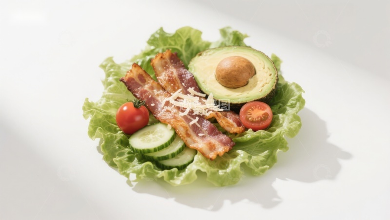 高清大图下载【趣麦麦图】生菜上的培根牛油果沙拉