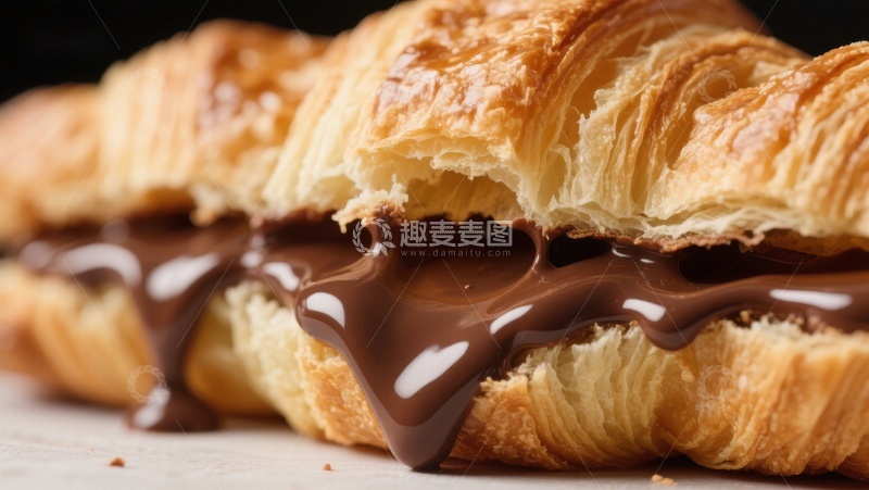 高清大图下载【趣麦麦图】巧克力酱流淌的酥脆羊角面包