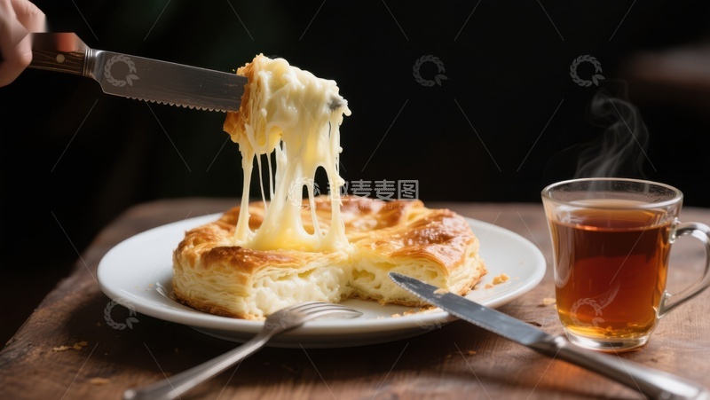 高清大图下载【趣麦麦图】刀切芝士面包，搭配热茶