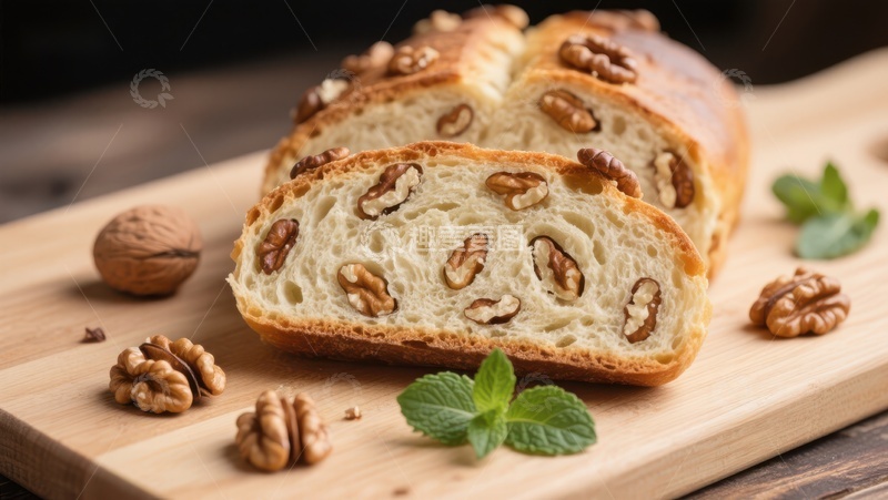 高清大图下载【趣麦麦图】核桃面包切片，木质砧板上