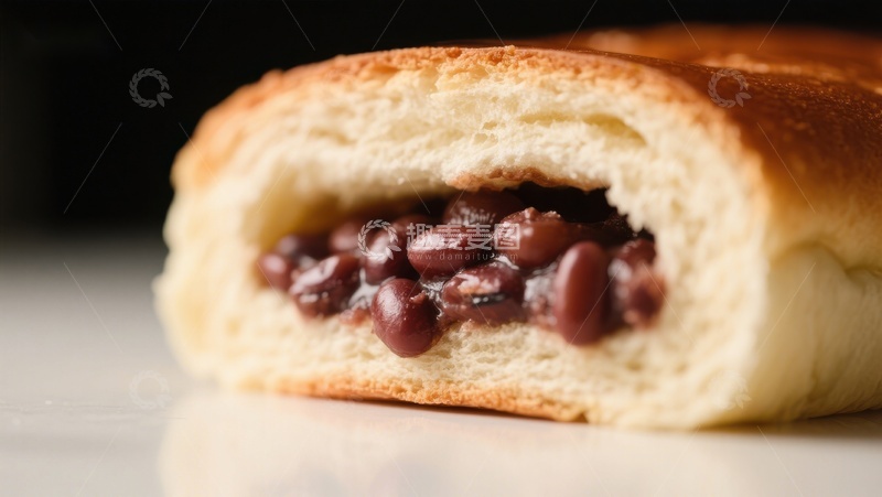 高清大图下载【趣麦麦图】红豆面包特写，柔软面团包裹香甜豆馅