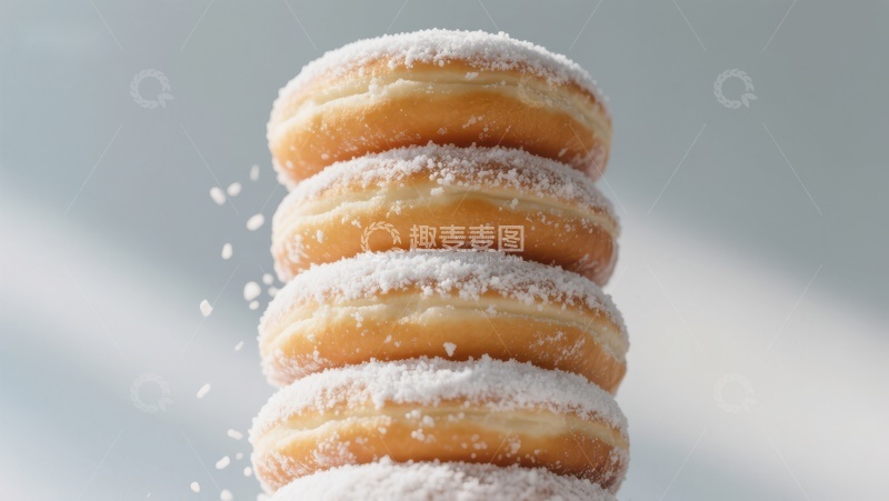 高清大图下载【趣麦麦图】糖粉甜甜圈叠放特写