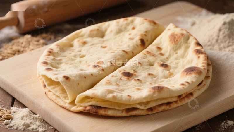 高清大图下载【趣麦麦图】新鲜出炉的面饼叠放于木板