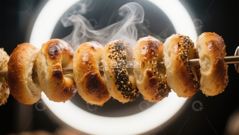 高清大图下载【趣麦麦图】烤制中的芝麻面包圈