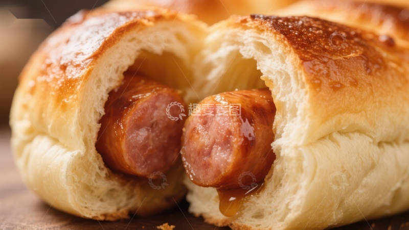 高清大图下载【趣麦麦图】香肠面包特写，金黄酥脆