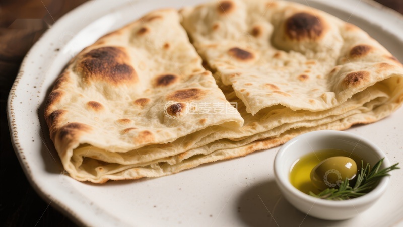 高清大图下载【趣麦麦图】烤制面饼配橄榄油与香草