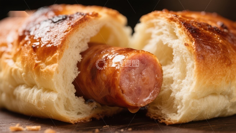 高清大图下载【趣麦麦图】酥脆面包包裹香肠的美食特写