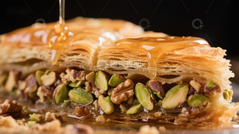 高清大图下载【趣麦麦图】蜂蜜淋洒在坚果酥皮糕点上