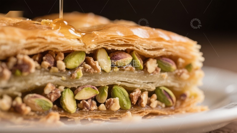高清大图下载【趣麦麦图】层层酥皮夹坚果，淋上蜂蜜的美味糕点