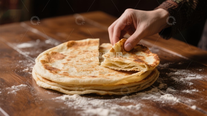 高清大图下载【趣麦麦图】手撕薄饼，面粉撒布的木质桌面